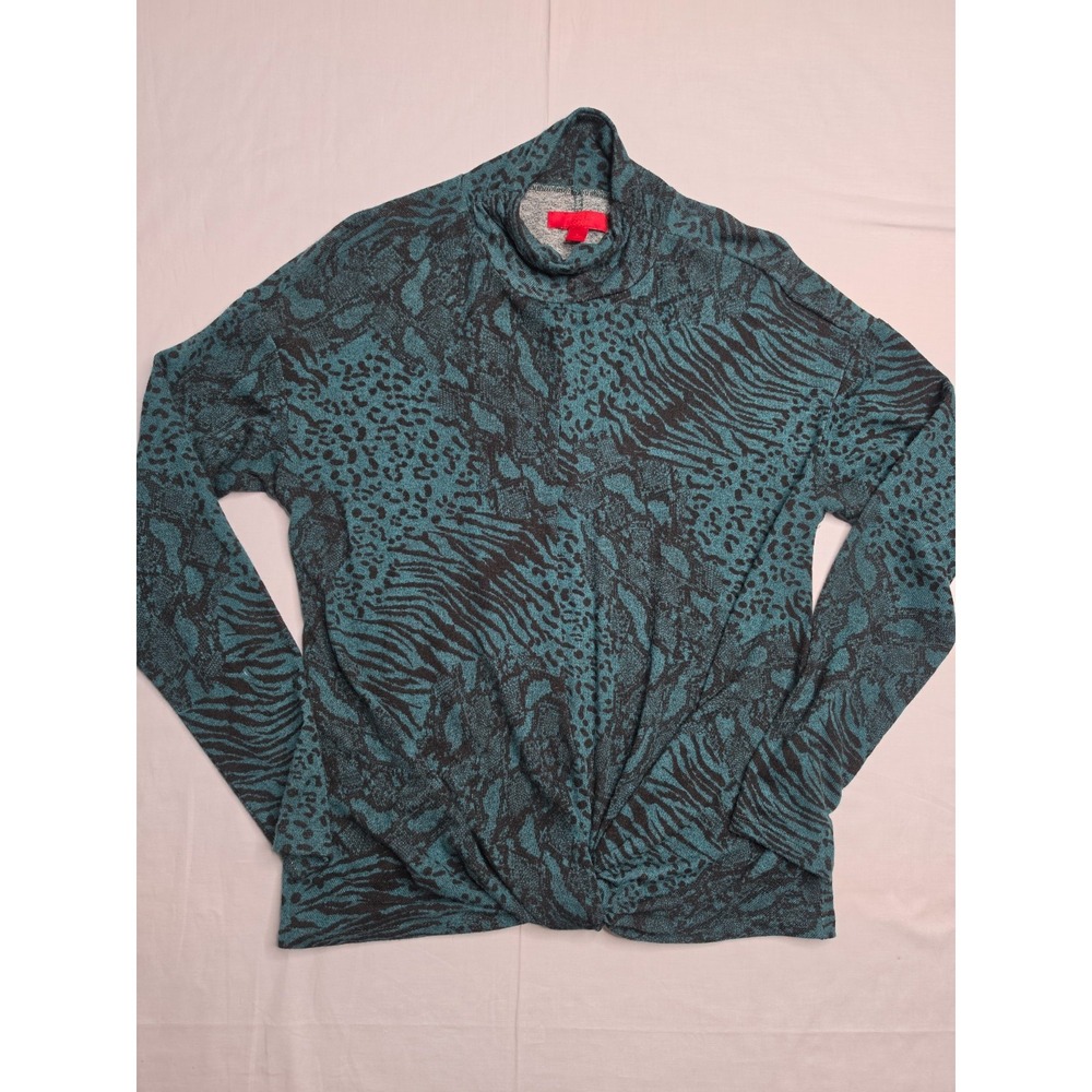 Jennifer Lopez Knit Top Women's Small Teal Animal Print Twist Front Mock Neck